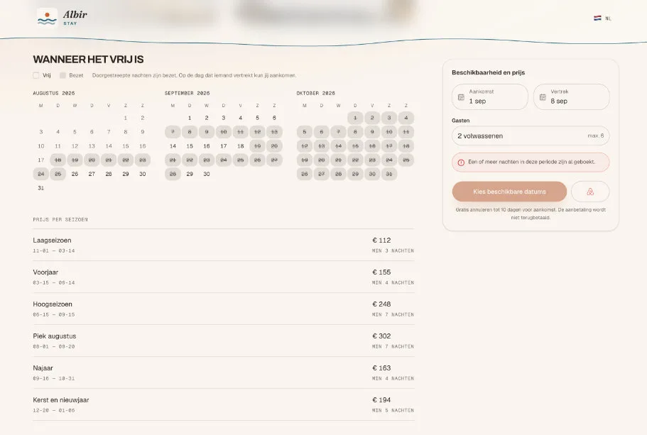 Casa Redonda — Per huis een overzicht van de beschikbaarheid en de prijzen per seizoen. Dynamisch en aanpasbaar via de admin en synchroon met Airbnb.